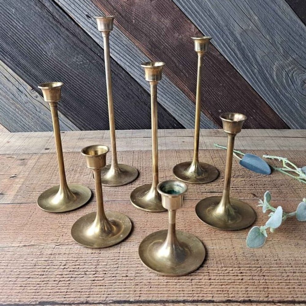 Vintage Brass Graduated Tulip Candlesticks - Set 7